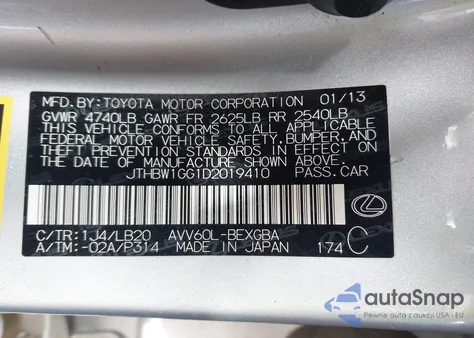 2013 Lexus Es 300H from USA, damaged, VIN JTHBW1GG1D2019410